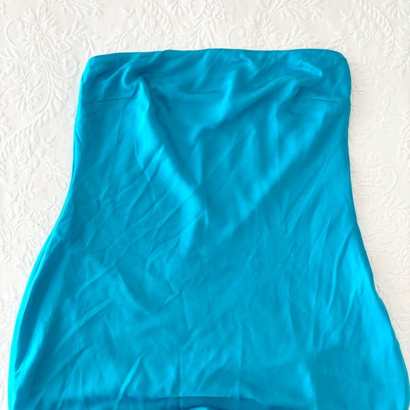 NWOT Lulus Exquisite Excellence Turquoise Satin Strapless Maxi Dress Large - Picture 3 of 7